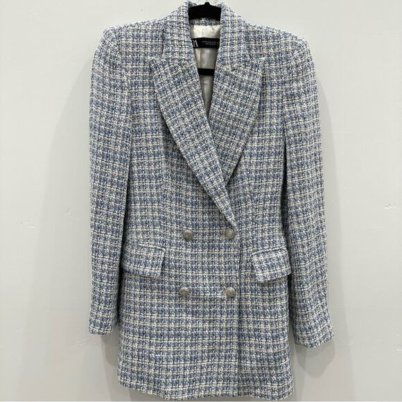 Zara Blue White Textured Tweed Double Breasted Blazer. Blogger fave. Like New - Picture 6 of 14